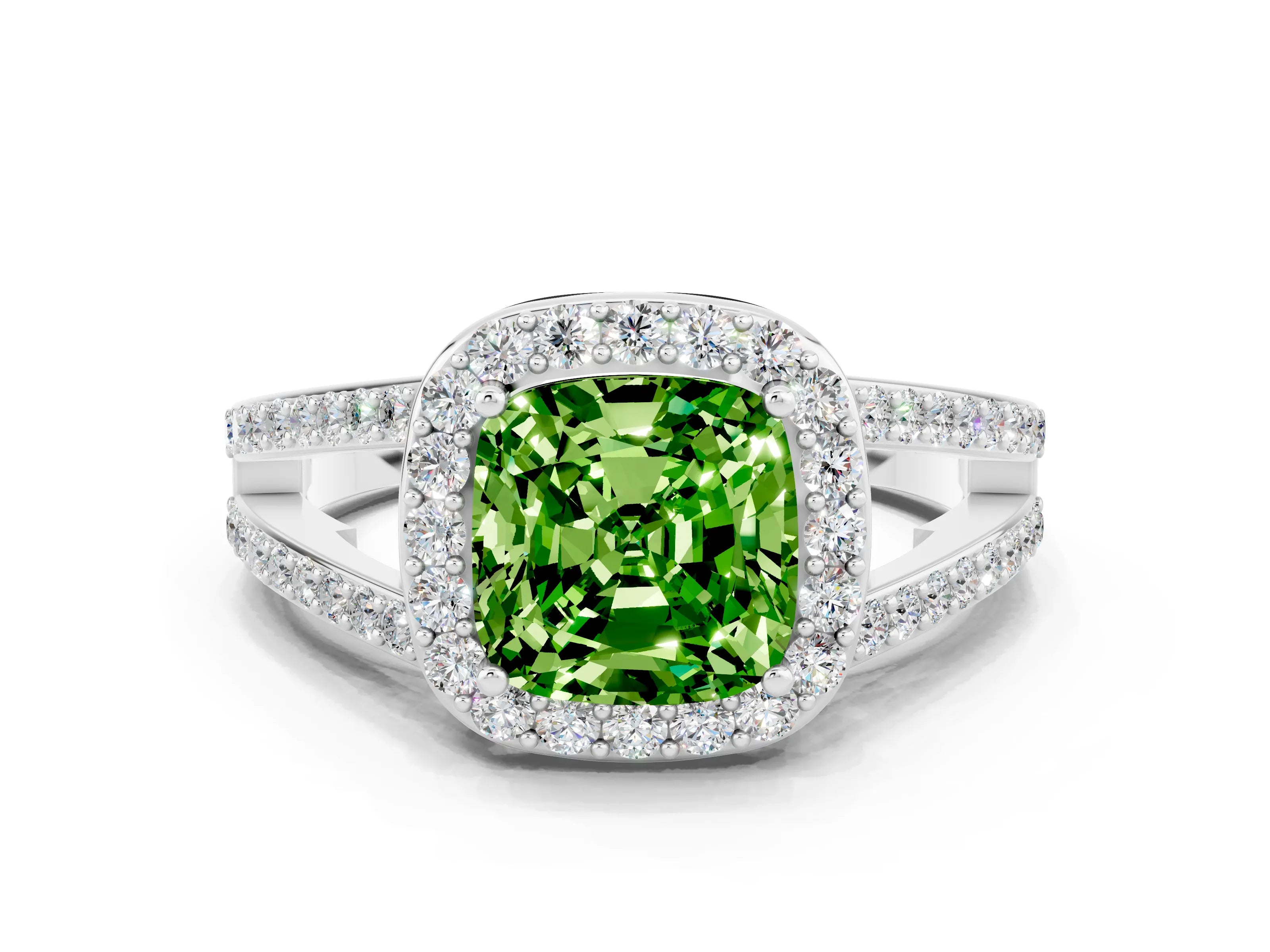 White gold Cushion Cut Peridot Halo Ring with Split Shank U-Prong Band and Four-Prong Setting