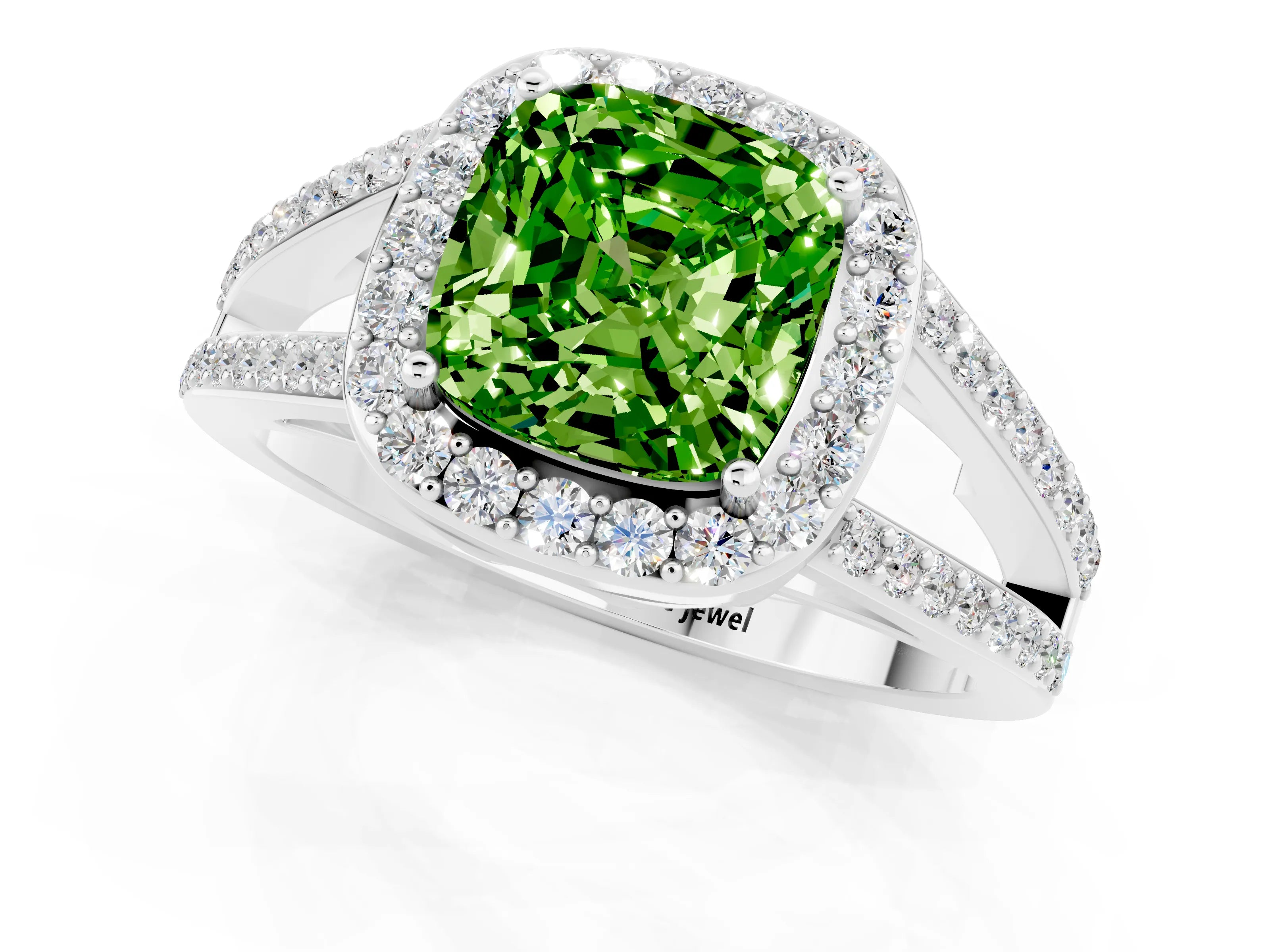 White gold Cushion Cut Peridot Halo Ring with Split Shank U-Prong Band and Four-Prong Setting_1