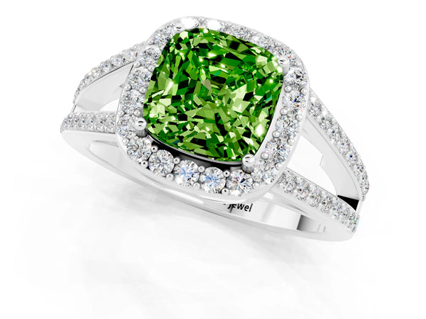 White gold Cushion Cut Peridot Halo Ring with Split Shank U-Prong Band and Four-Prong Setting