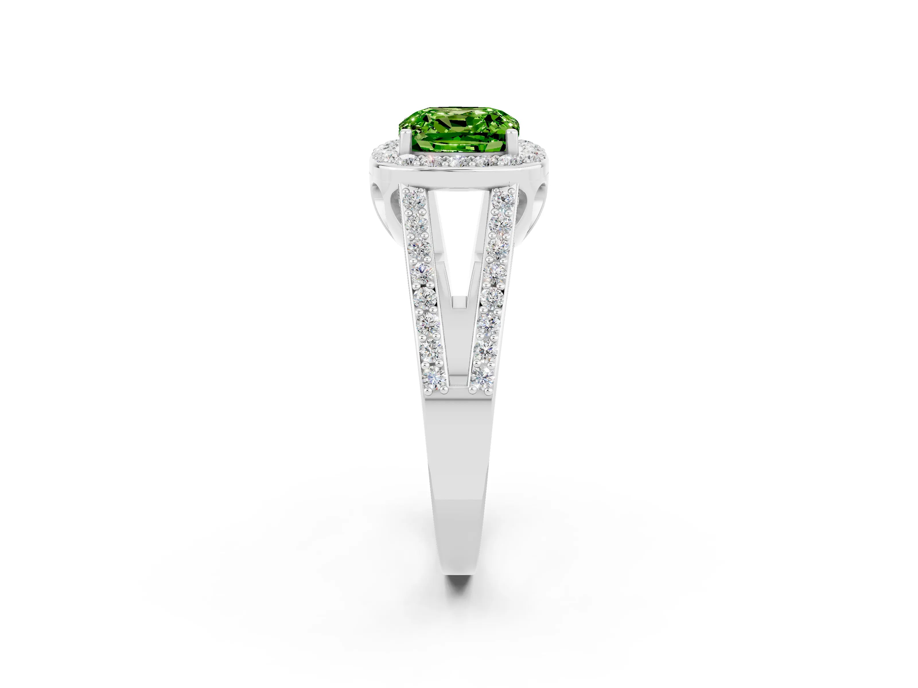 White gold Cushion Cut Peridot Halo Ring with Split Shank U-Prong Band and Four-Prong Setting_2