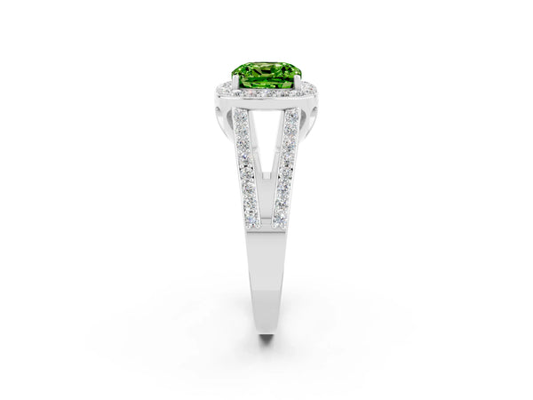 Silver Cushion Cut Peridot Halo Ring with Split Shank U-Prong Band and Four-Prong Setting