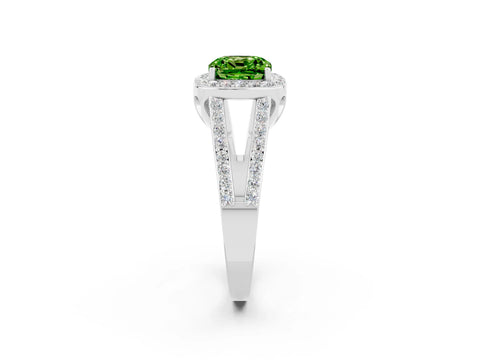 White gold Cushion Cut Peridot Halo Ring with Split Shank U-Prong Band and Four-Prong Setting_2