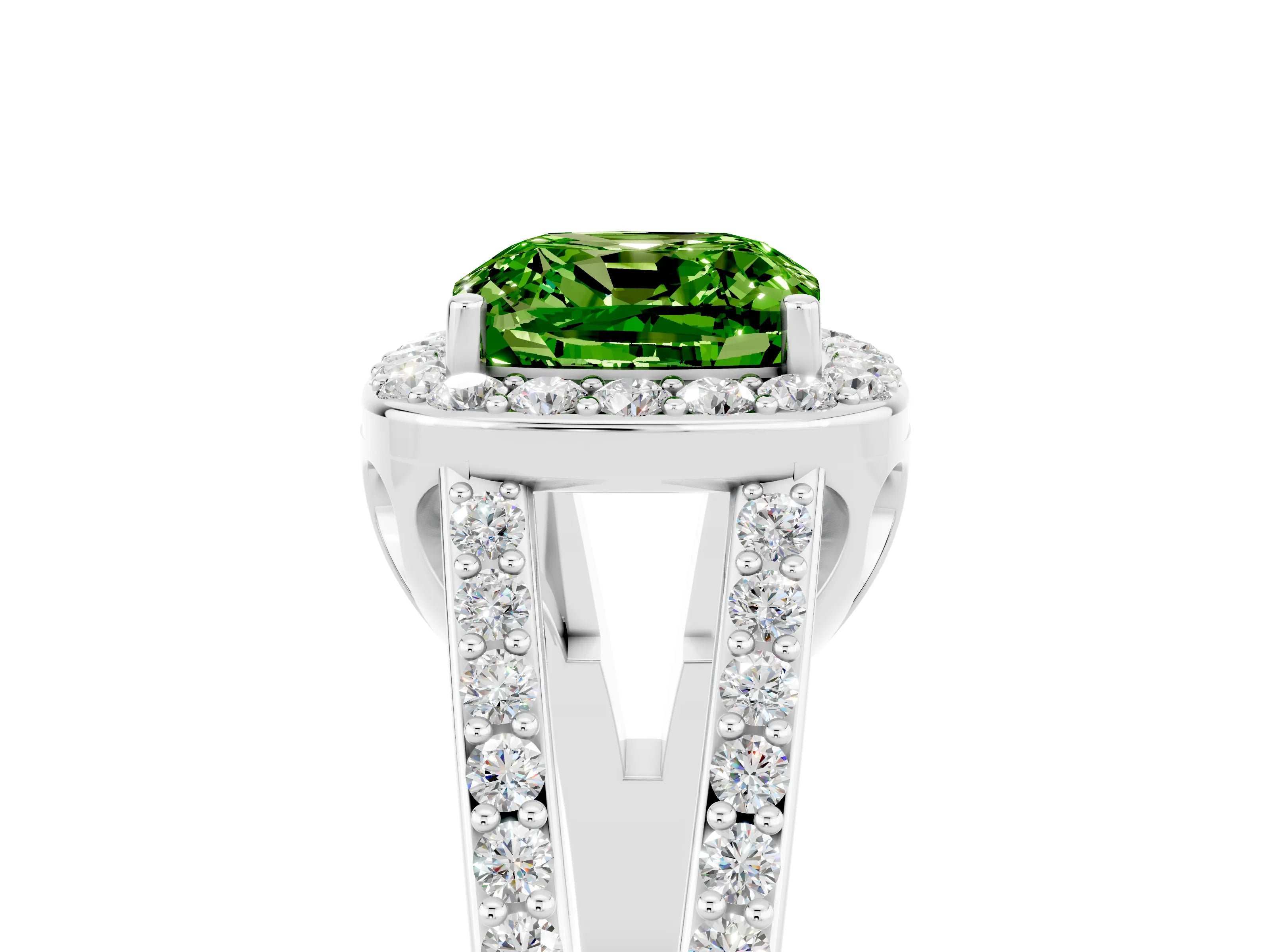 White gold Cushion Cut Peridot Halo Ring with Split Shank U-Prong Band and Four-Prong Setting_5