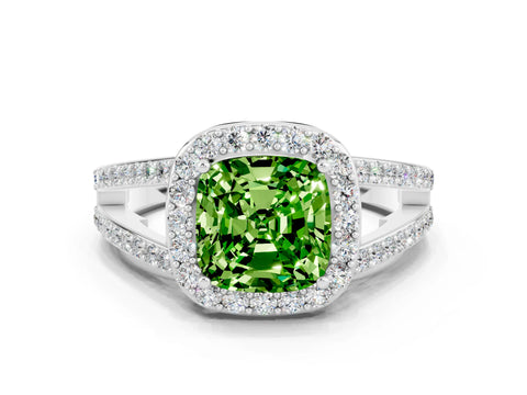 White gold Cushion Cut Peridot Halo Ring with Split Shank U-Prong Band and Four-Prong Setting