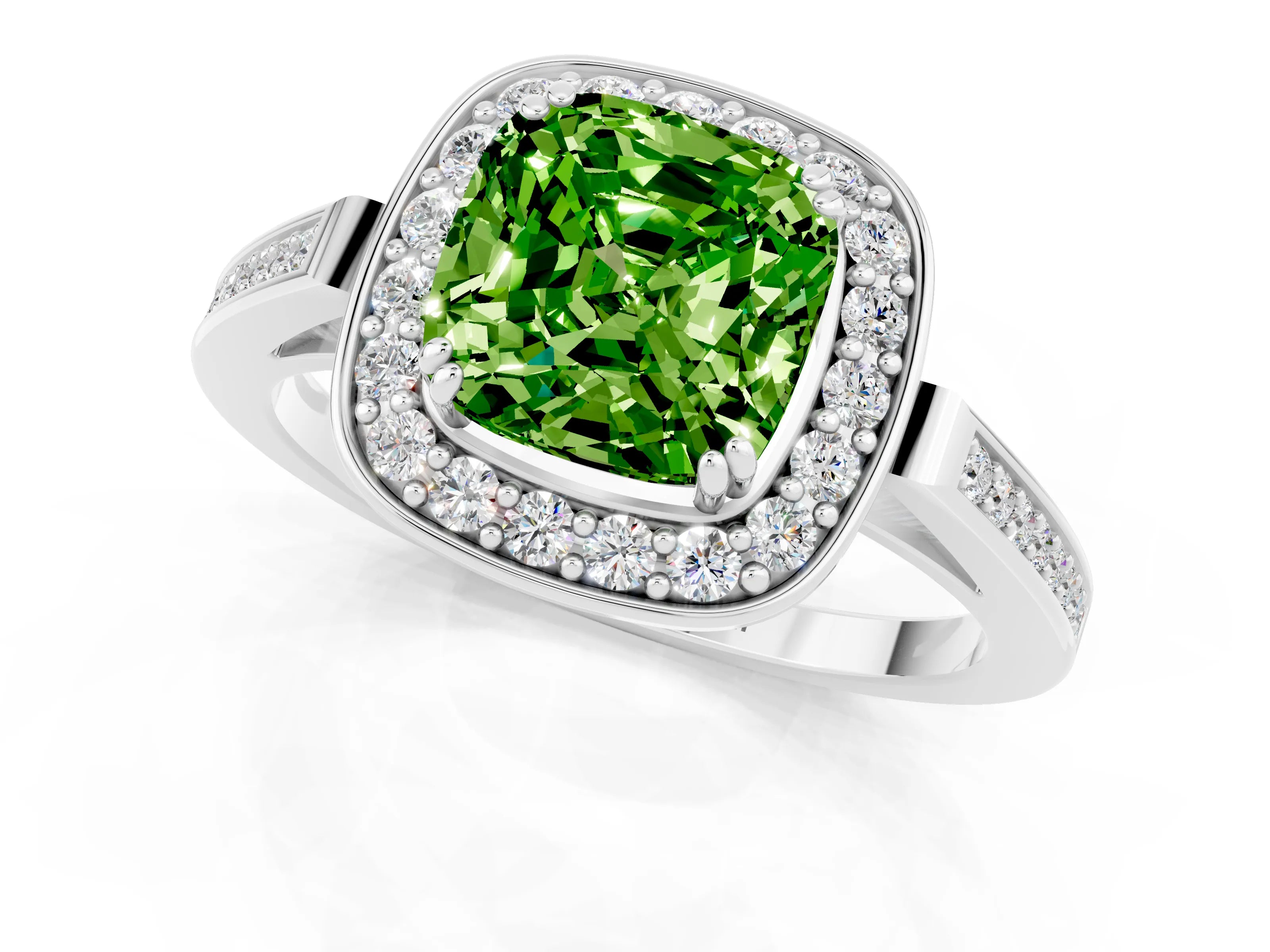 White gold Cushion Cut Peridot Halo Ring with Split Shank and Four-Prong Setting_1