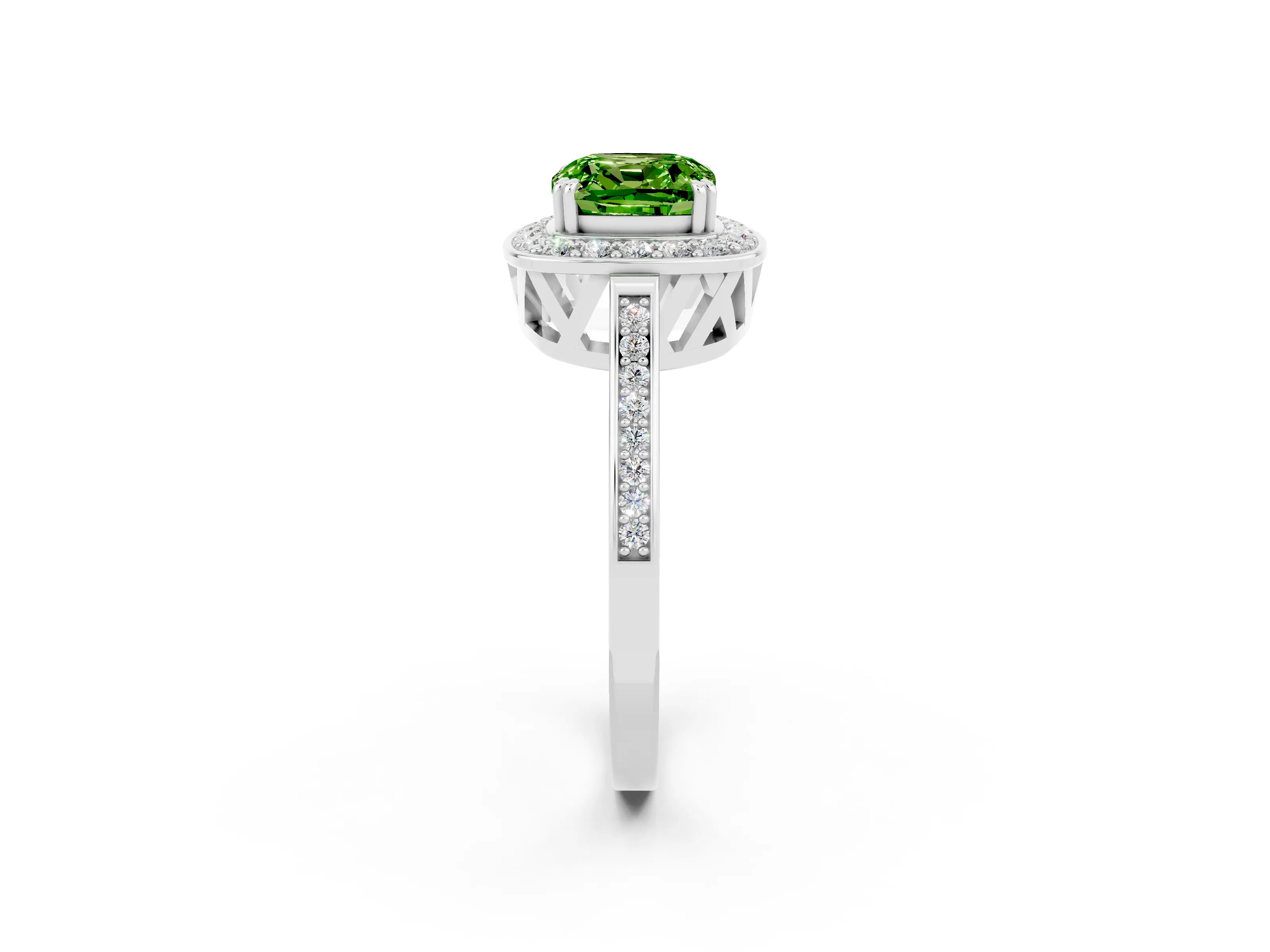 White gold Cushion Cut Peridot Halo Ring with Split Shank and Four-Prong Setting_10