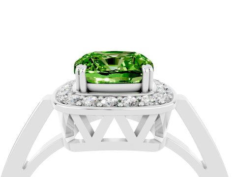 White gold Cushion Cut Peridot Halo Ring with Split Shank and Four-Prong Setting_10