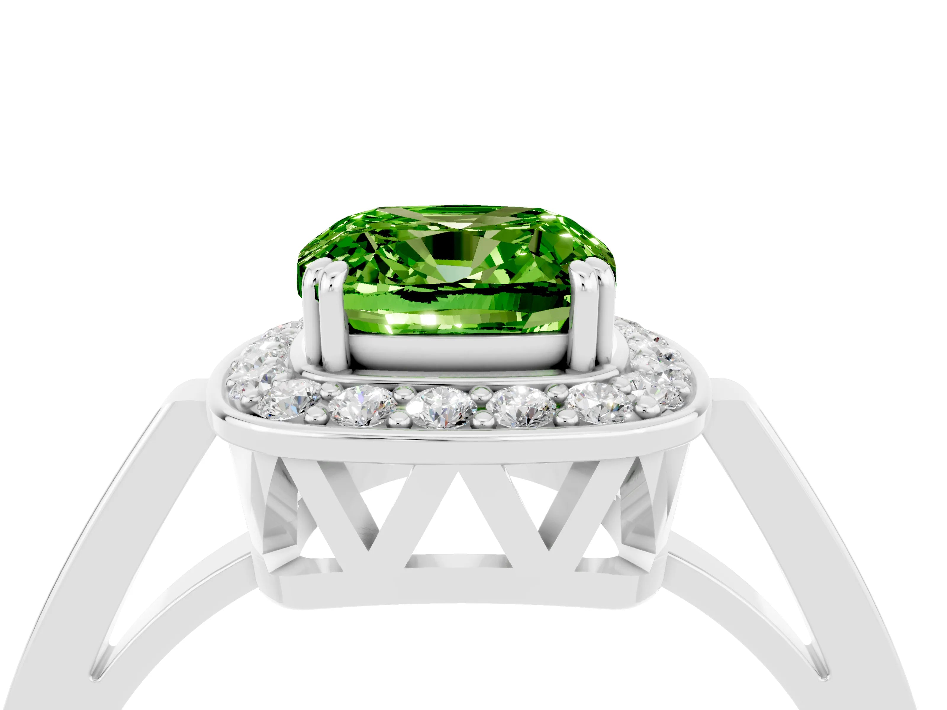 White gold Cushion Cut Peridot Halo Ring with Split Shank and Four-Prong Setting_12