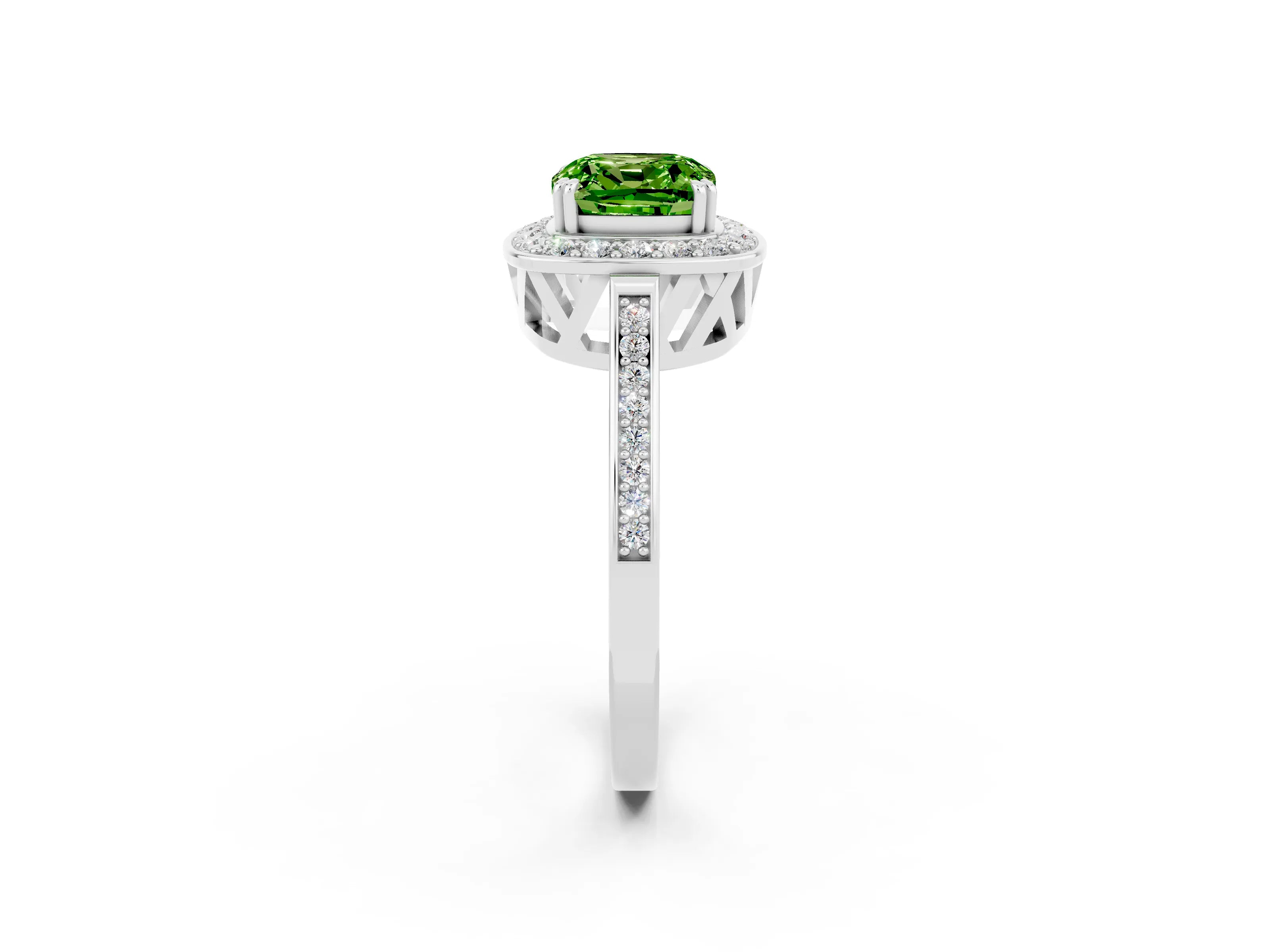 White gold Cushion Cut Peridot Halo Ring with Split Shank and Four-Prong Setting_2