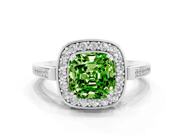 Platinum Cushion Cut Peridot Halo Ring with Split Shank and Four-Prong Setting