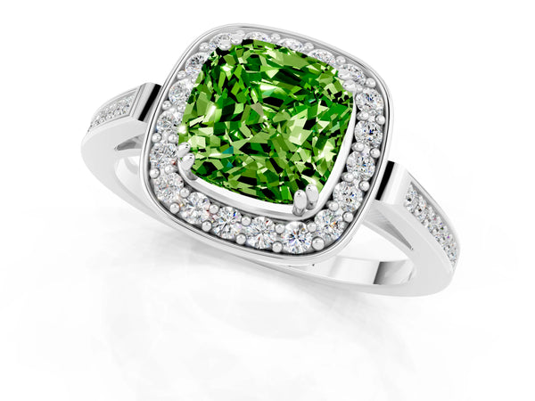 Platinum Cushion Cut Peridot Halo Ring with Split Shank and Four-Prong Setting