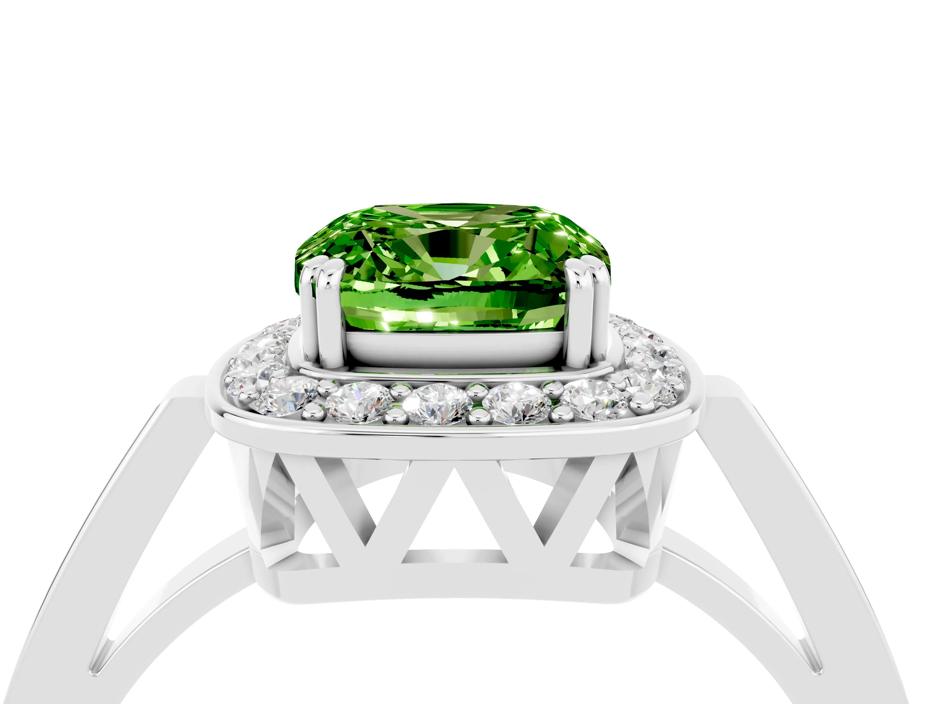 White gold Cushion Cut Peridot Halo Ring with Split Shank and Four-Prong Setting_39