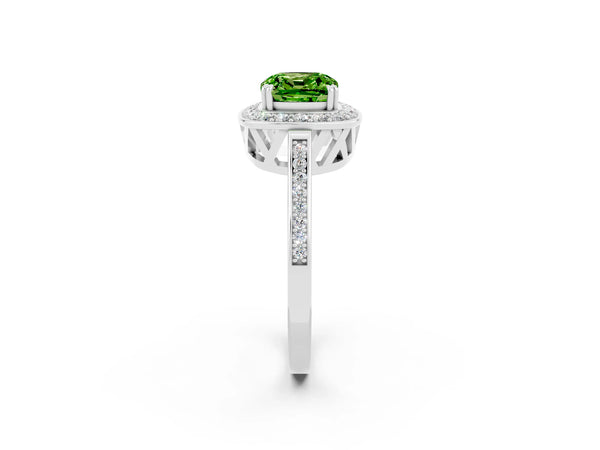 White gold Cushion Cut Peridot Halo Ring with Split Shank and Four-Prong Setting