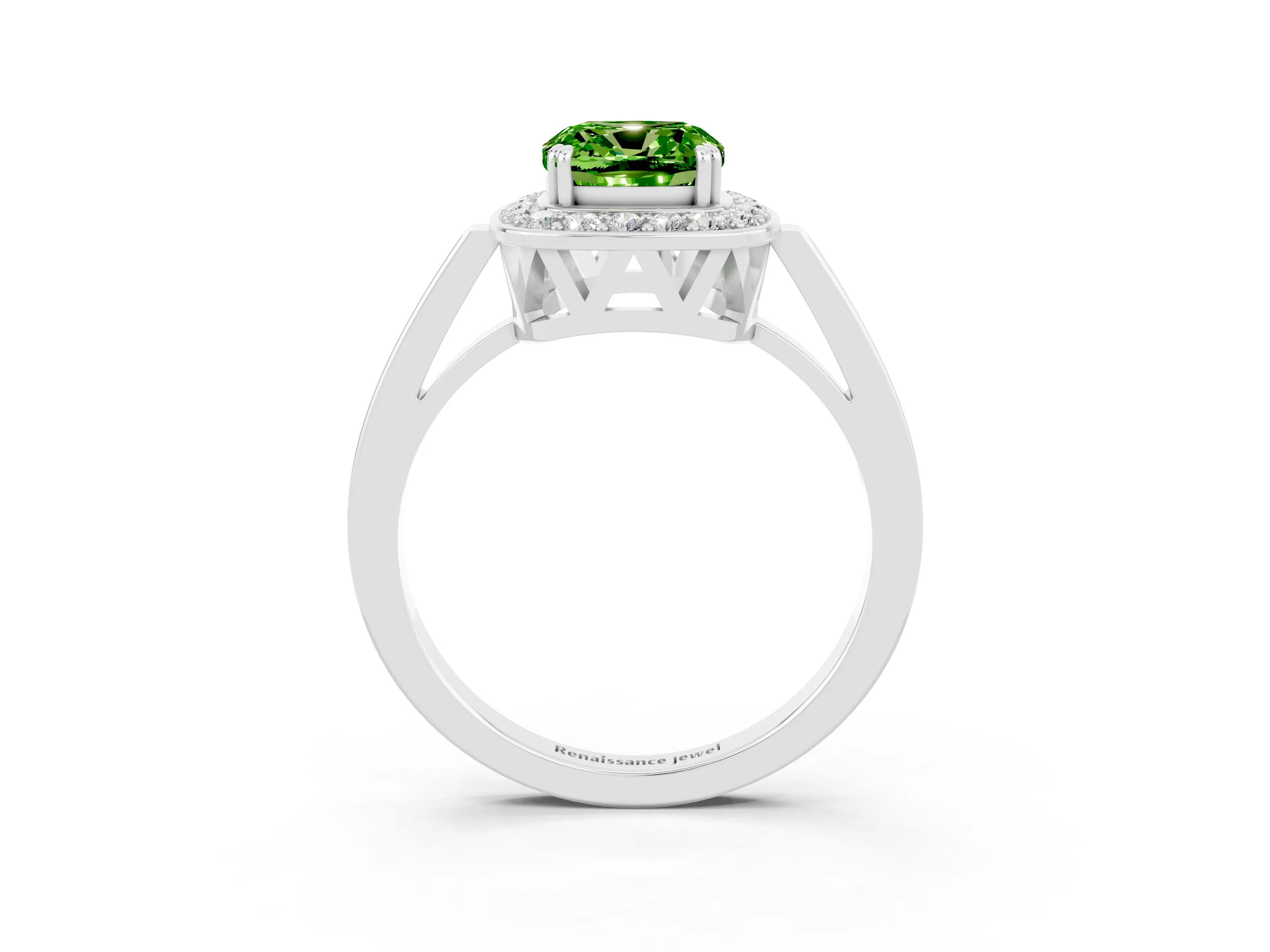 White gold Cushion Cut Peridot Halo Ring with Split Shank and Four-Prong Setting_44
