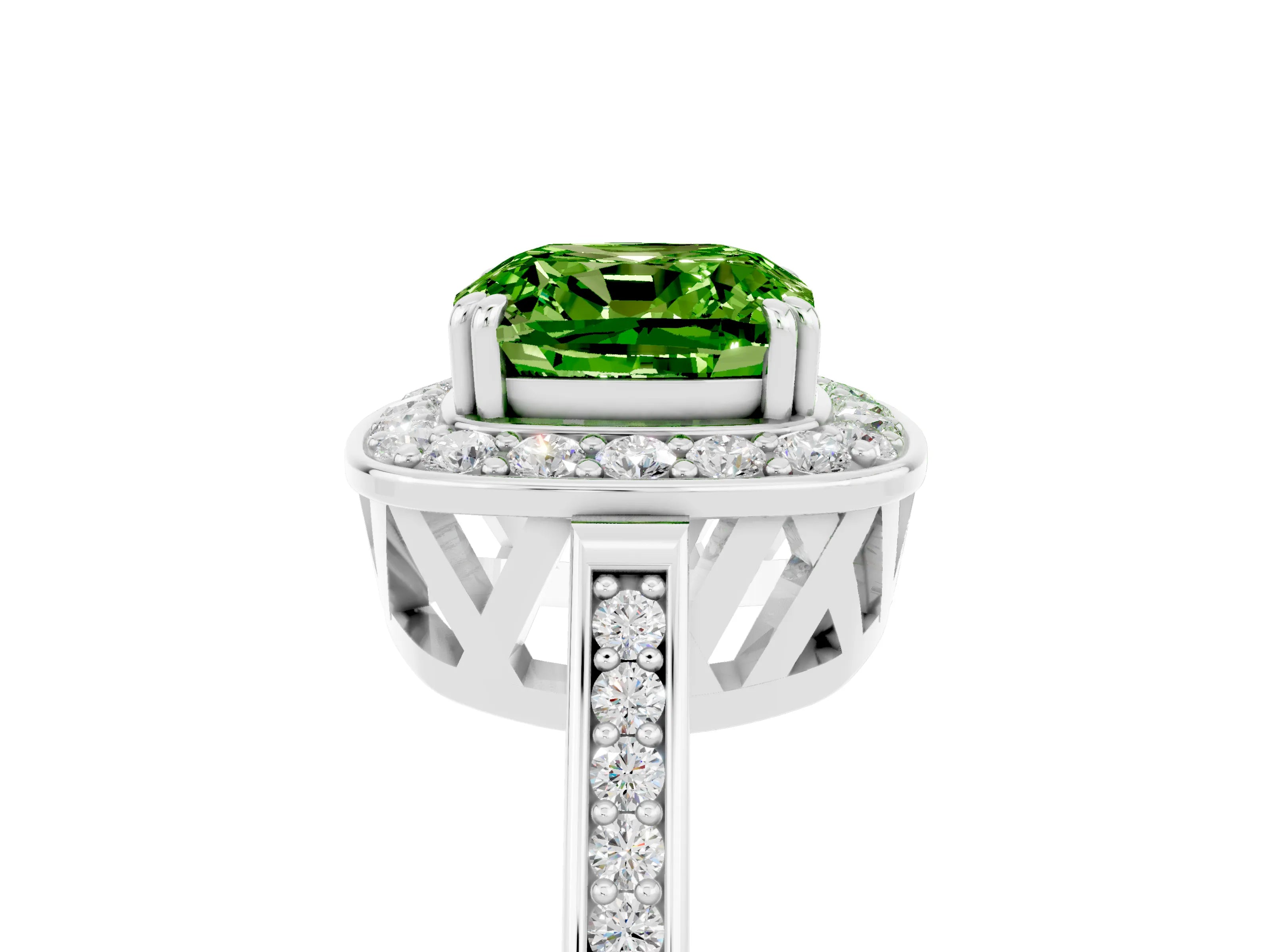 White gold Cushion Cut Peridot Halo Ring with Split Shank and Four-Prong Setting_46