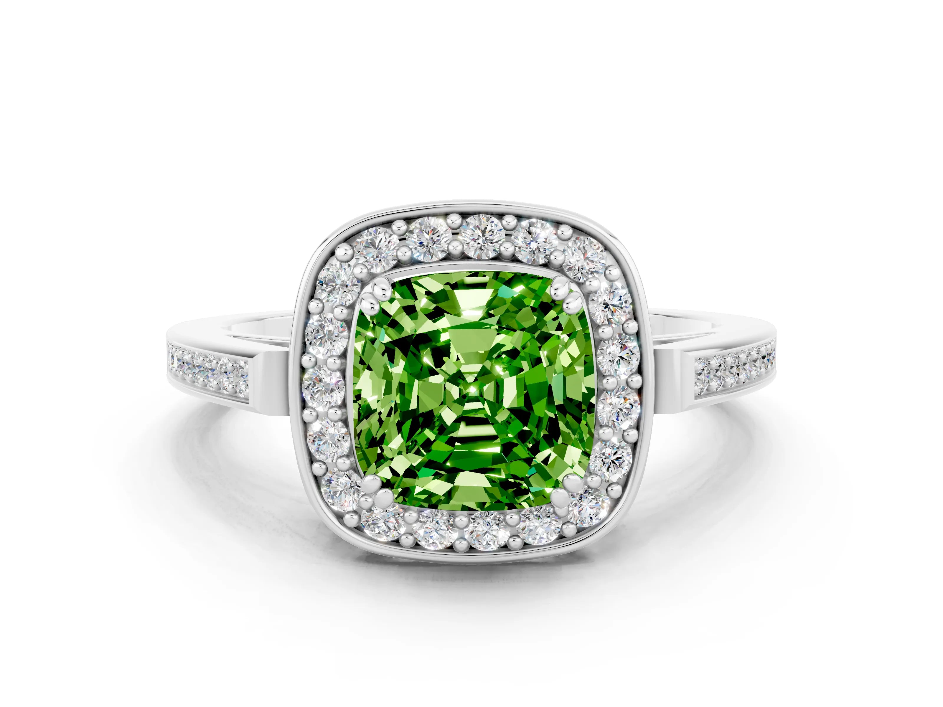 White gold Cushion Cut Peridot Halo Ring with Split Shank and Four-Prong Setting_6