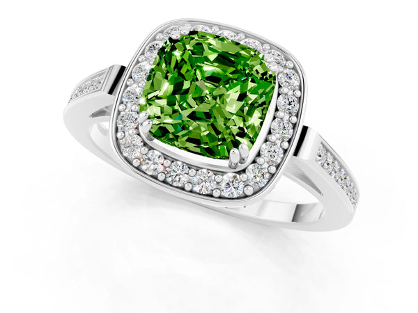 Silver Cushion Cut Peridot Halo Ring with Split Shank and Four-Prong Setting