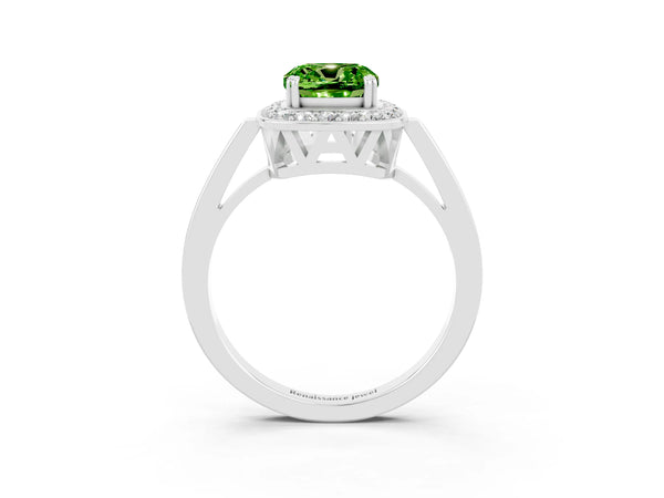 Silver Cushion Cut Peridot Halo Ring with Split Shank and Four-Prong Setting