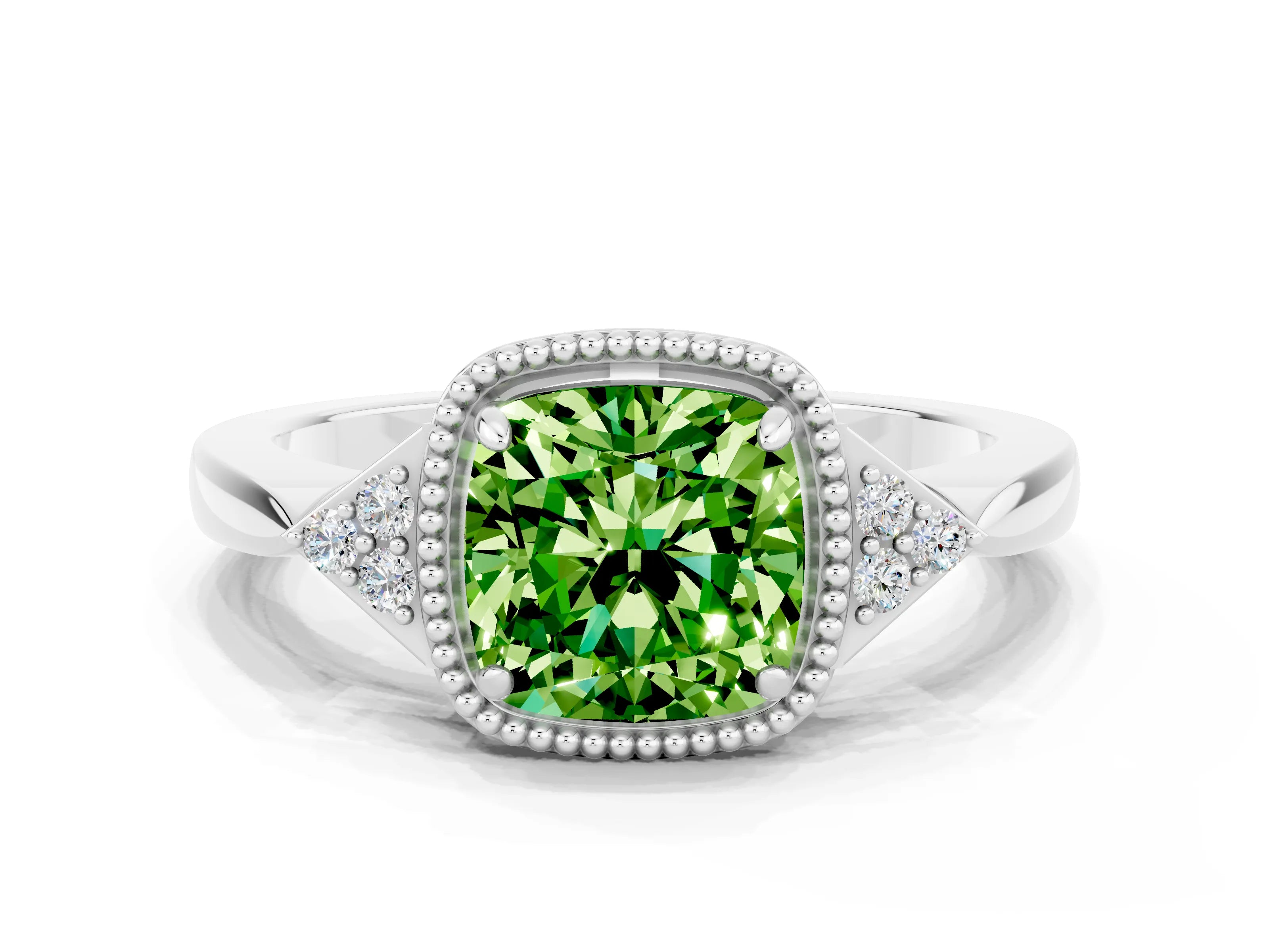 White gold Cushion Cut Peridot Halo Ring with Tapered Band and Four-Prong Setting