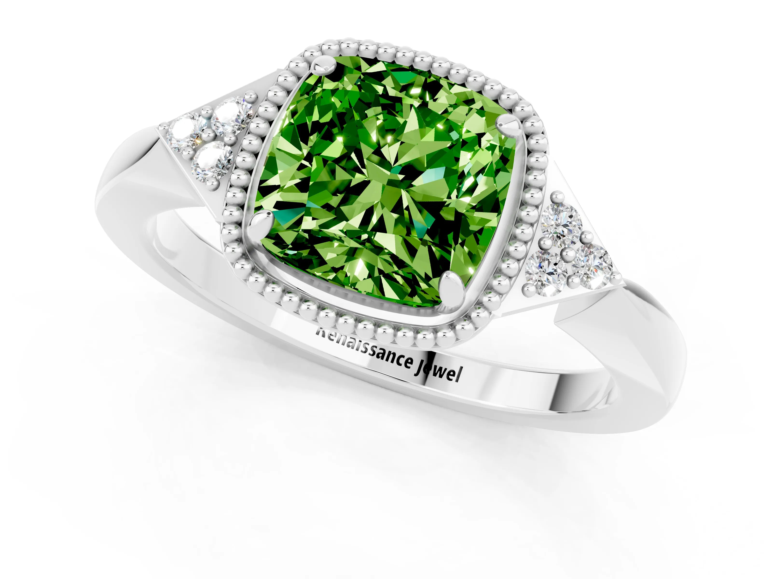 White gold Cushion Cut Peridot Halo Ring with Tapered Band and Four-Prong Setting_1