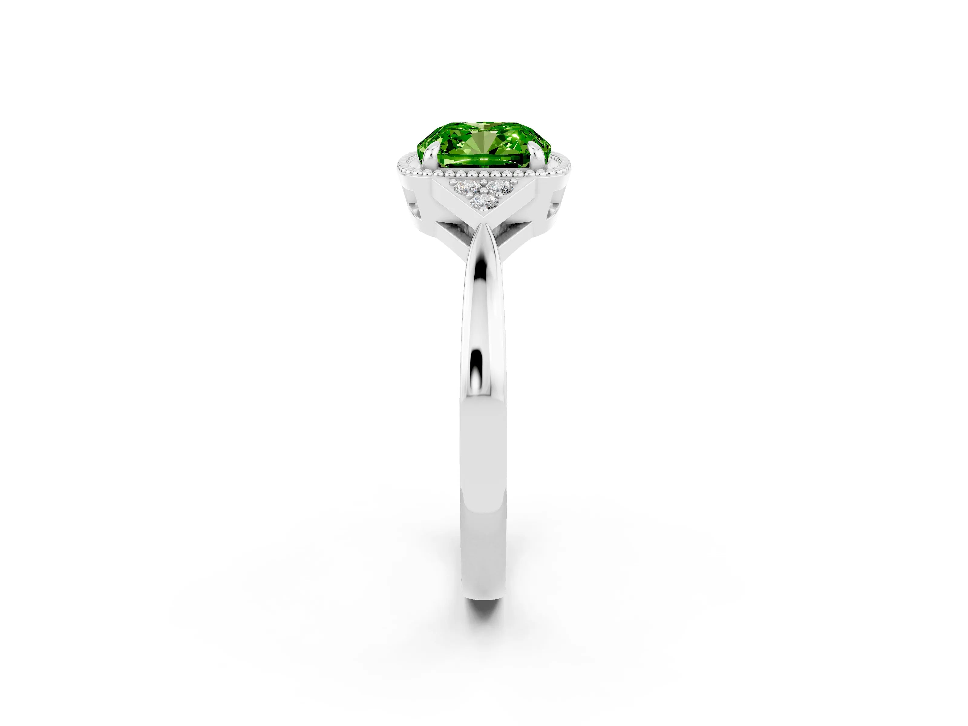 White gold Cushion Cut Peridot Halo Ring with Tapered Band and Four-Prong Setting_2