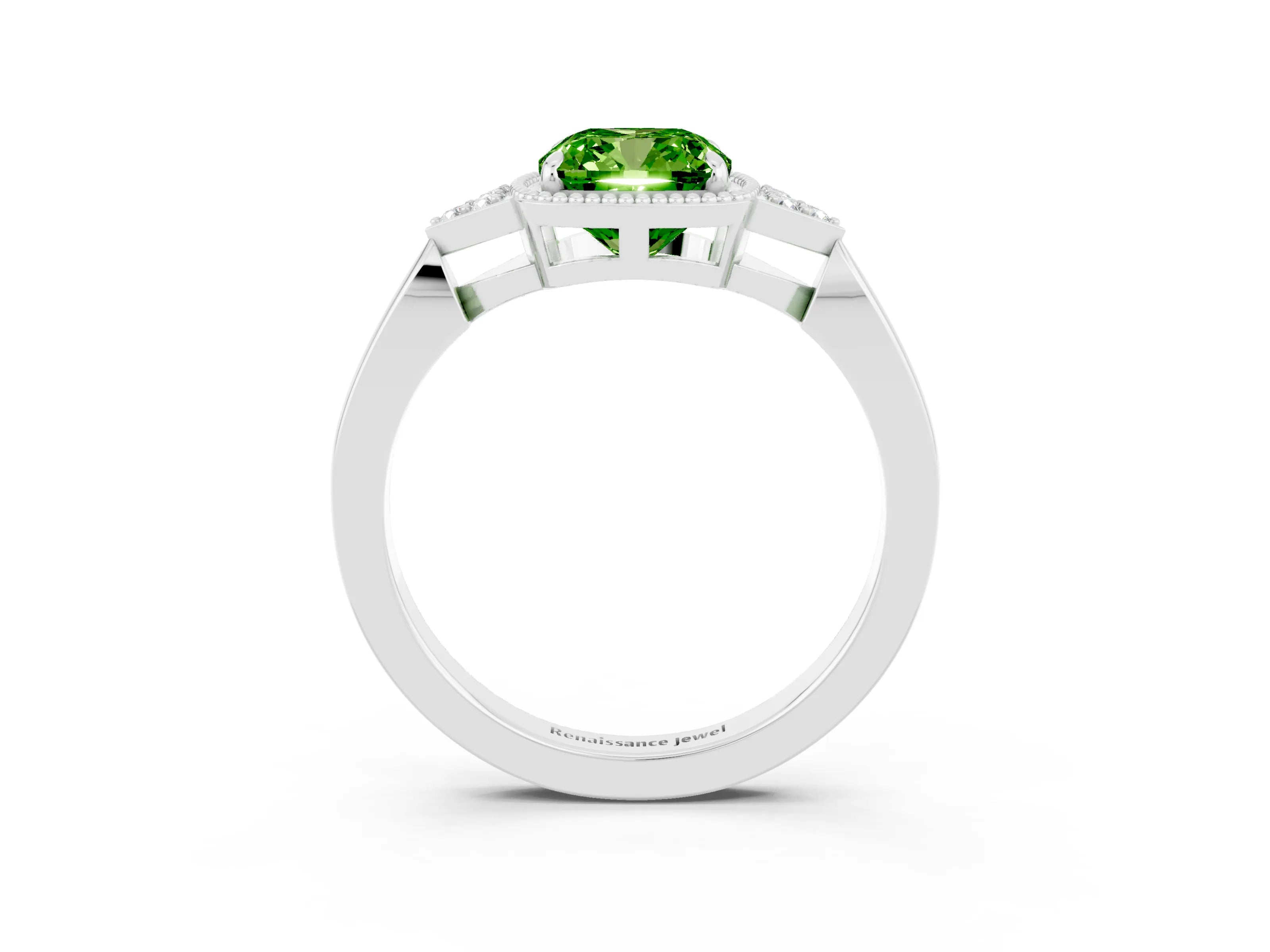 White gold Cushion Cut Peridot Halo Ring with Tapered Band and Four-Prong Setting_3