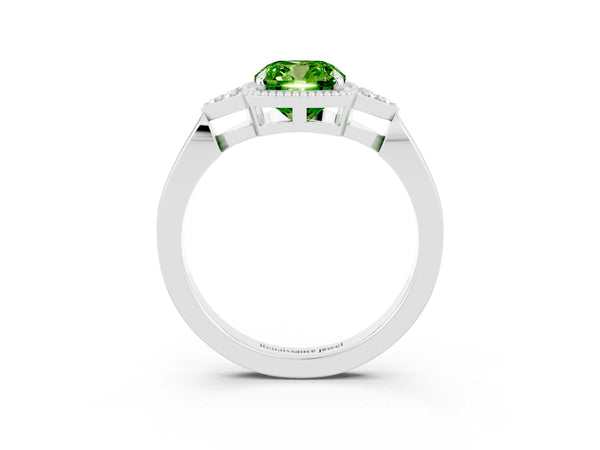 Silver Cushion Cut Peridot Halo Ring with Tapered Band and Four-Prong Setting