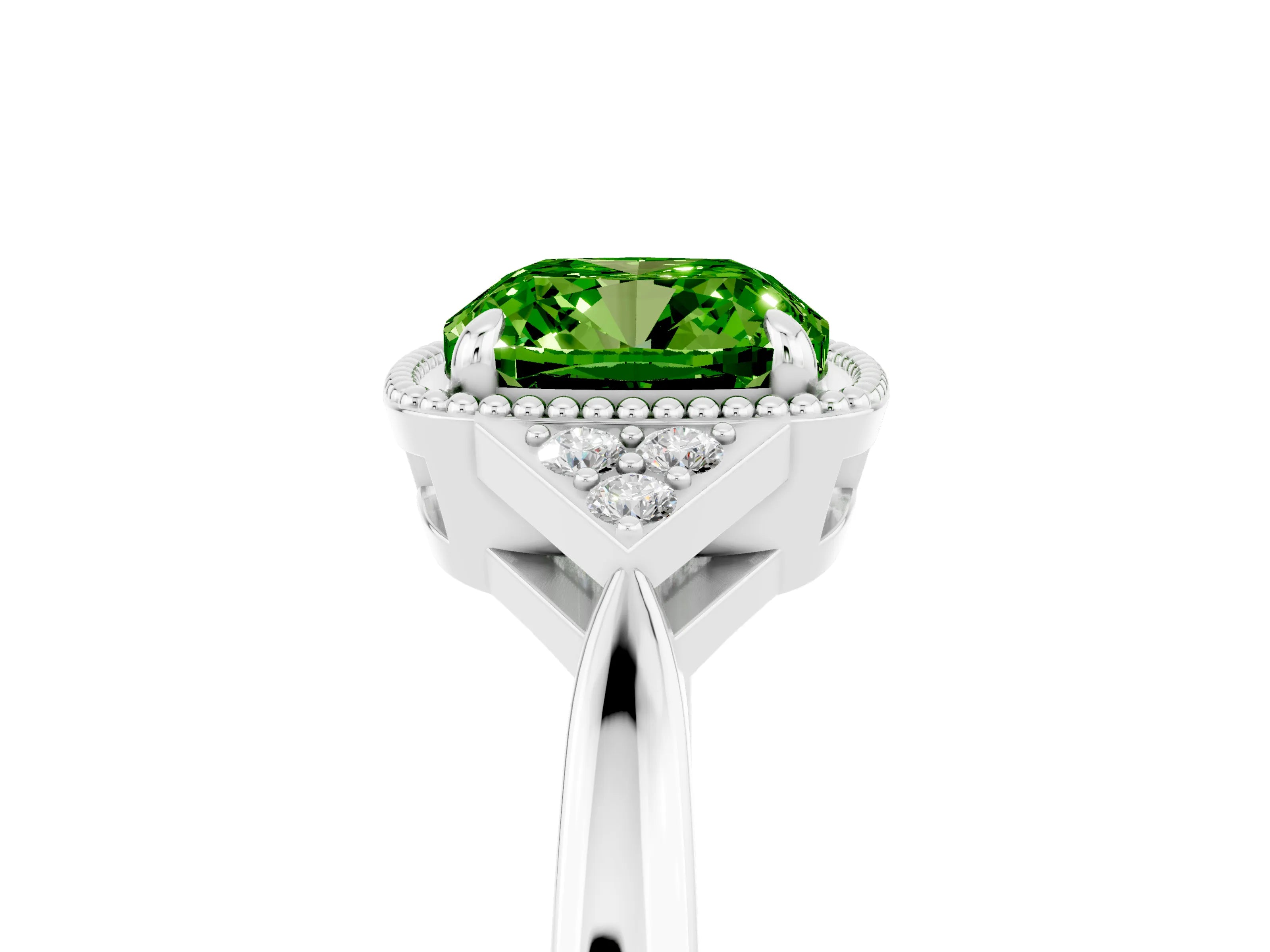 White gold Cushion Cut Peridot Halo Ring with Tapered Band and Four-Prong Setting_5