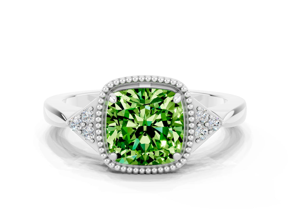 White gold Cushion Cut Peridot Halo Ring with Tapered Band and Four-Prong Setting