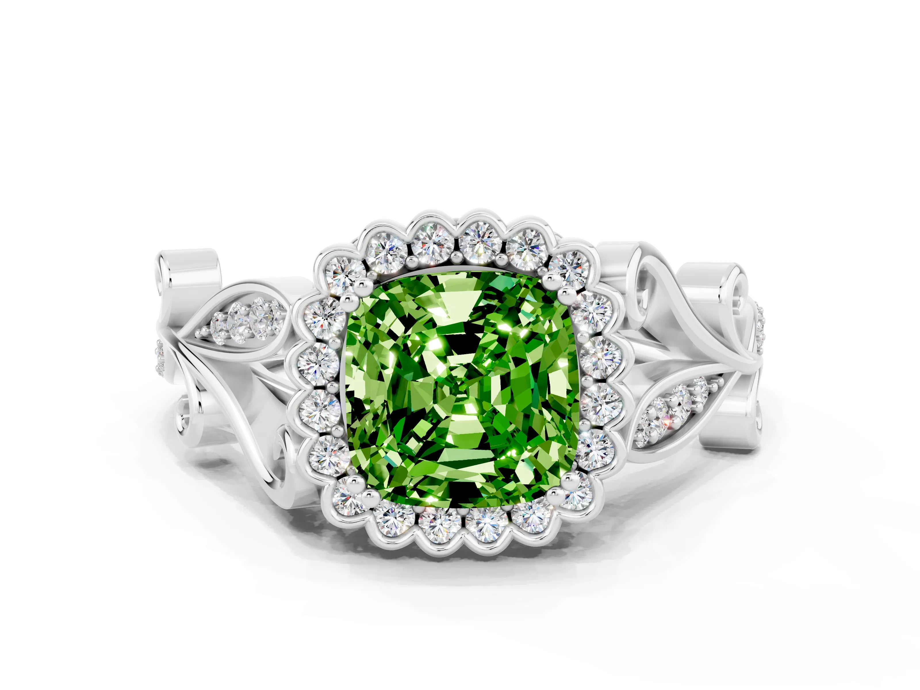 White gold Cushion Cut Peridot Halo Ring with Vintage Split Shank and Four-Prong Setting_24