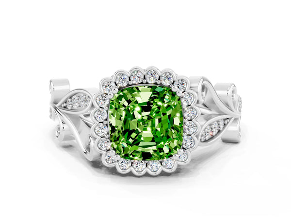 Platinum Cushion Cut Peridot Halo Ring with Vintage Split Shank and Four-Prong Setting