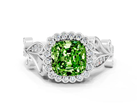 White gold Cushion Cut Peridot Halo Ring with Vintage Split Shank and Four-Prong Setting_24
