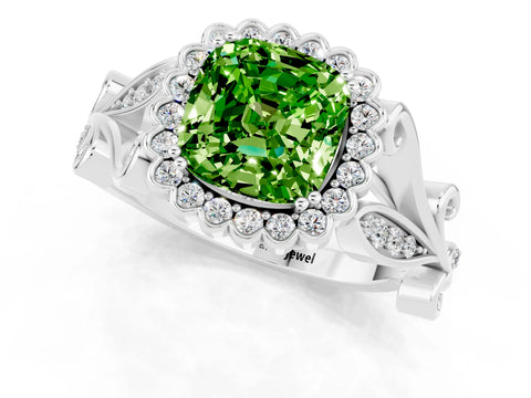 White gold Cushion Cut Peridot Halo Ring with Vintage Split Shank and Four-Prong Setting_25