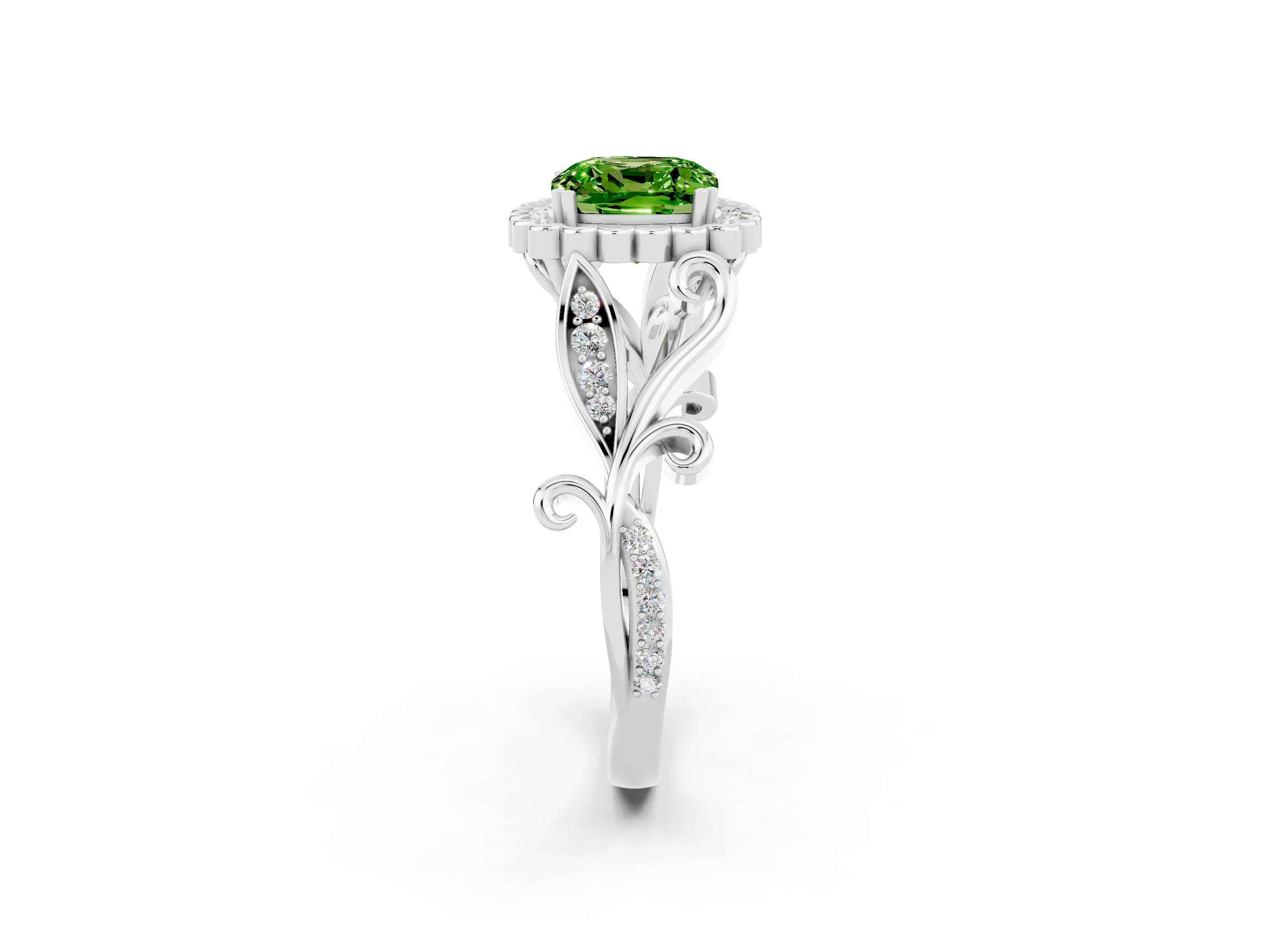 White gold Cushion Cut Peridot Halo Ring with Vintage Split Shank and Four-Prong Setting_26