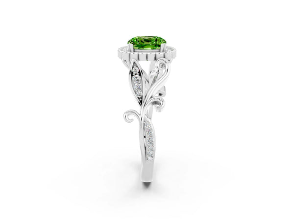 White gold Cushion Cut Peridot Halo Ring with Vintage Split Shank and Four-Prong Setting
