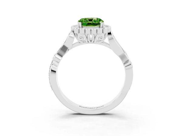 Platinum Cushion Cut Peridot Halo Ring with Vintage Split Shank and Four-Prong Setting