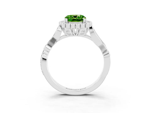 White gold Cushion Cut Peridot Halo Ring with Vintage Split Shank and Four-Prong Setting_27