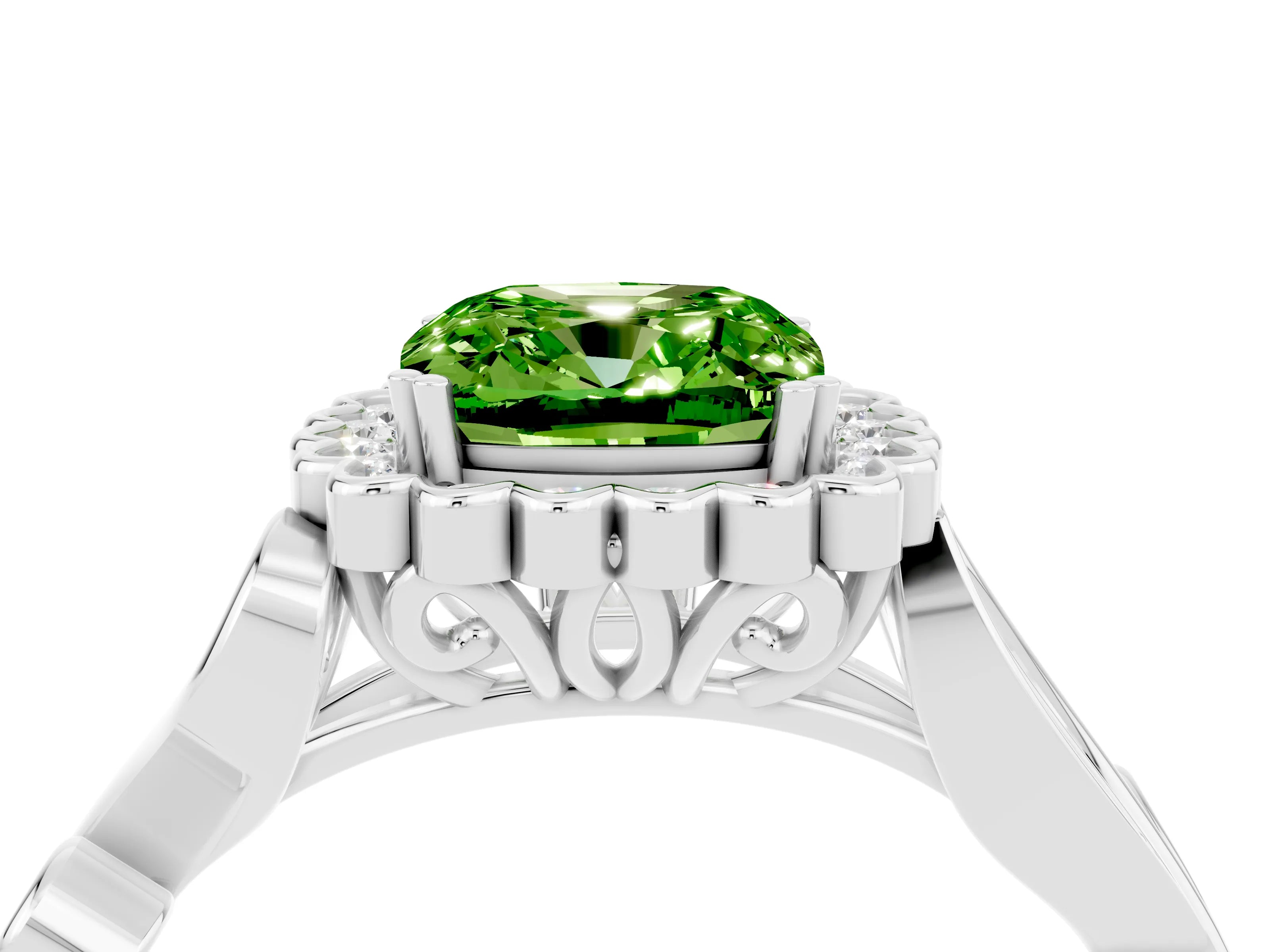 White gold Cushion Cut Peridot Halo Ring with Vintage Split Shank and Four-Prong Setting_28