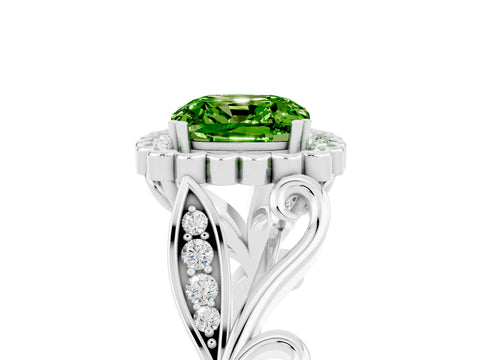 White gold Cushion Cut Peridot Halo Ring with Vintage Split Shank and Four-Prong Setting_29