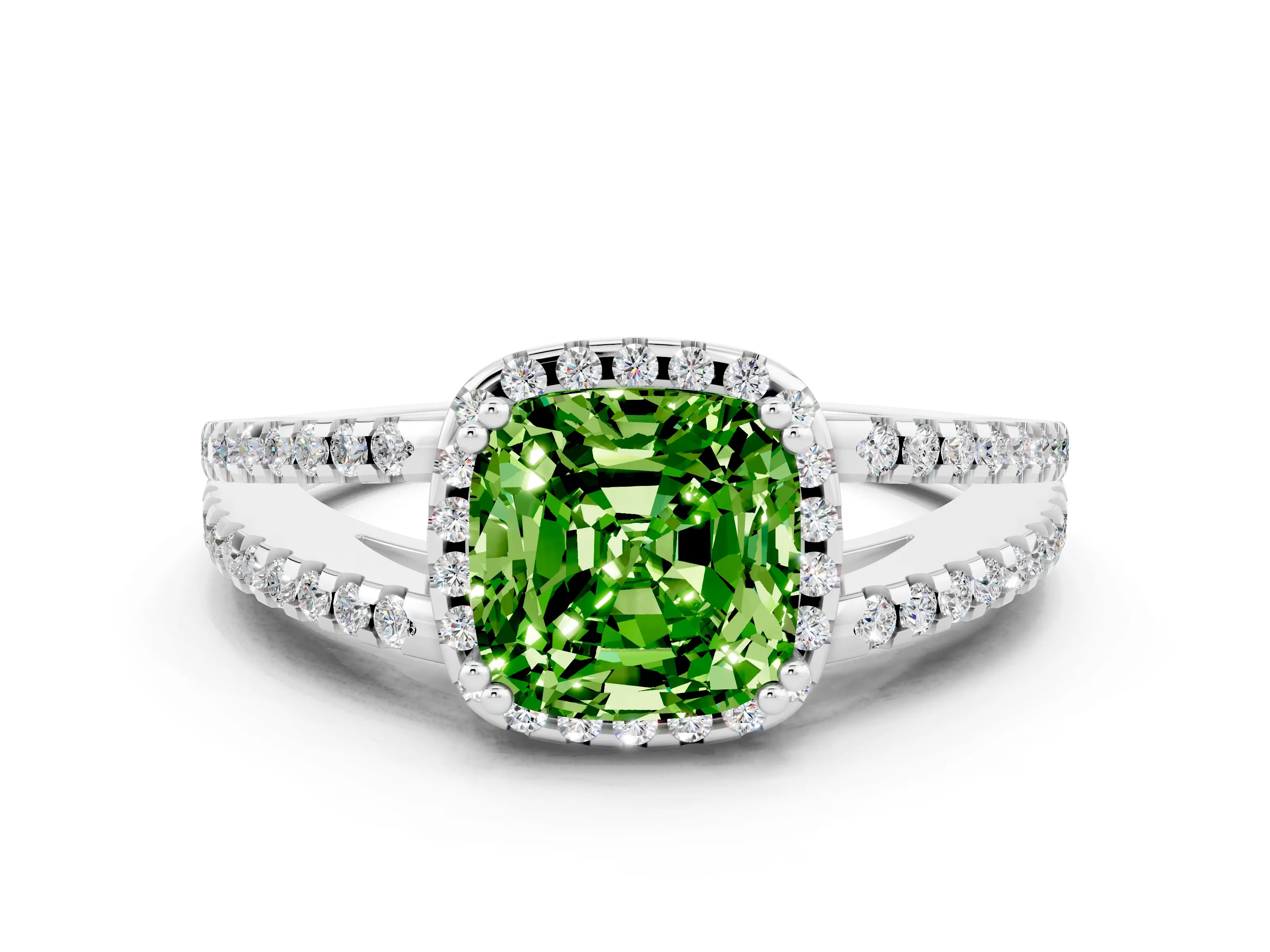 White gold Cushion Cut Peridot Halo Split Shank Engagement Ring_12