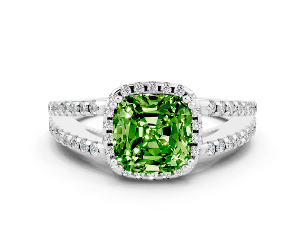 Silver Cushion Cut Peridot Halo Split Shank Engagement Ring