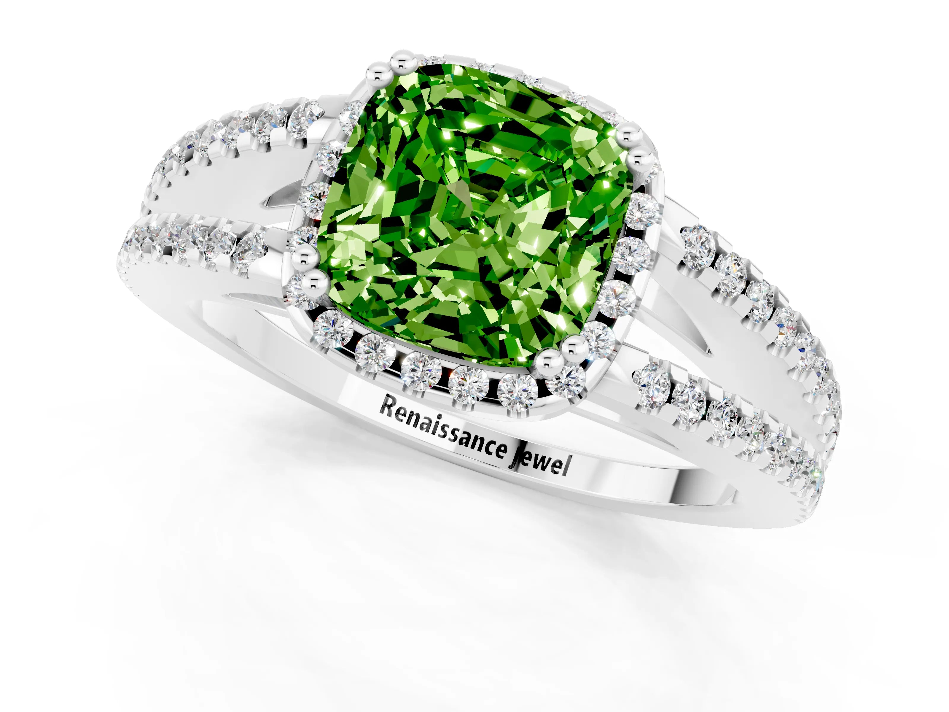 White gold Cushion Cut Peridot Halo Split Shank Engagement Ring_13