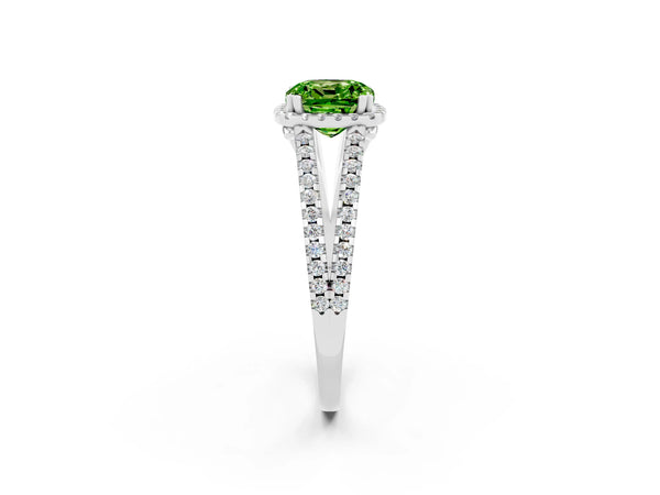 Platinum Cushion Cut Peridot Halo Split Shank Engagement Ring