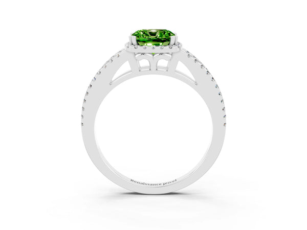 White gold Cushion Cut Peridot Halo Split Shank Engagement Ring
