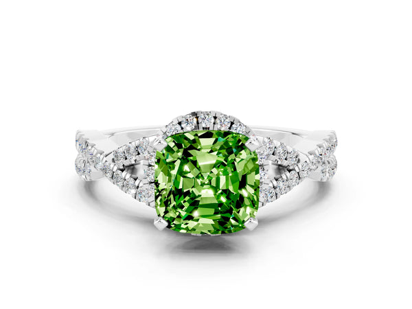 White gold Cushion Cut Peridot  Halo Twist Band Solitaire Prong Setting Ring