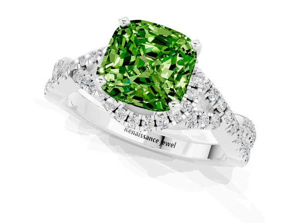 White gold Cushion Cut Peridot  Halo Twist Band Solitaire Prong Setting Ring