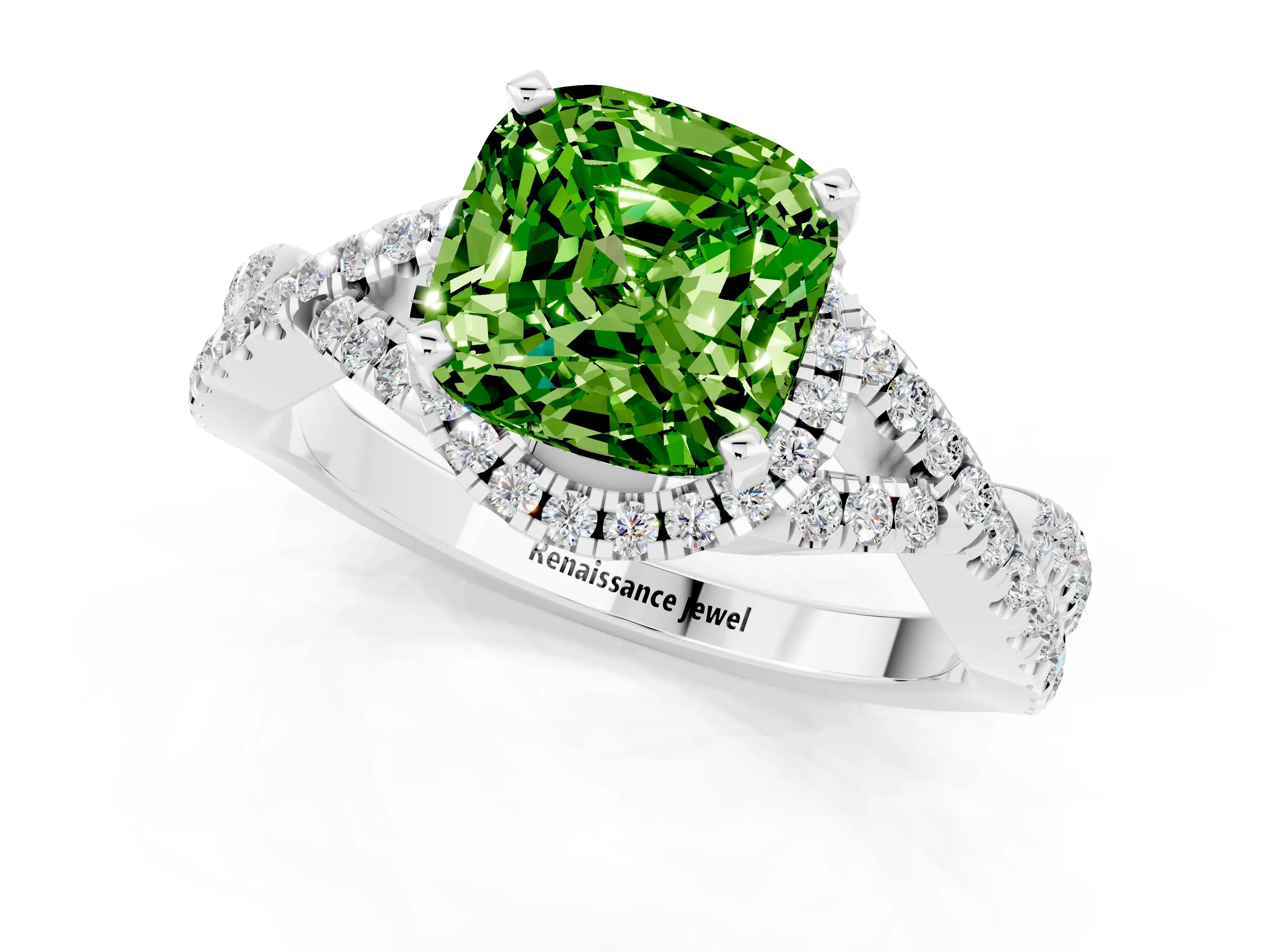 White gold Cushion Cut Peridot Halo Twist Band Solitaire Prong Setting Ring_1