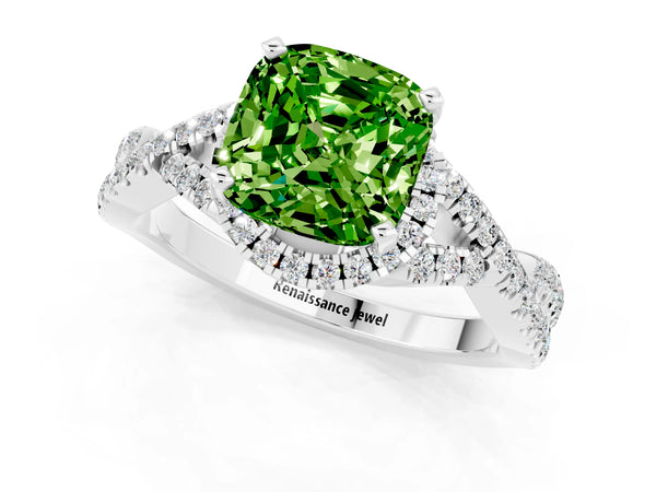 White gold Cushion Cut Peridot  Halo Twist Band Solitaire Prong Setting Ring