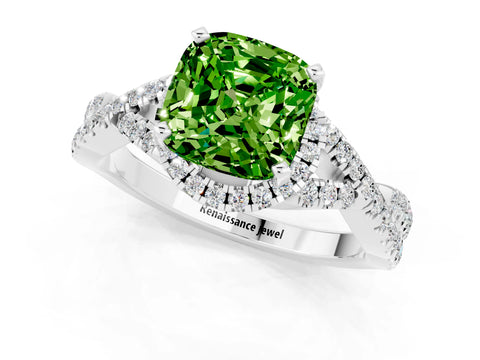White gold Cushion Cut Peridot Halo Twist Band Solitaire Prong Setting Ring_1