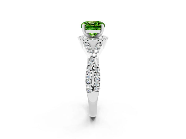 White gold Cushion Cut Peridot  Halo Twist Band Solitaire Prong Setting Ring